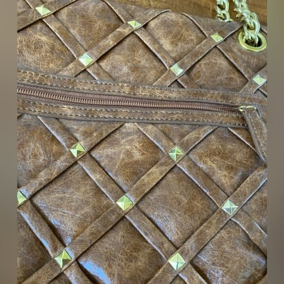 Big Buddha Chocolate Brown Weaved Studded Vegan Leather Turn Lock Shoulder Bag - Picture 9 of 11